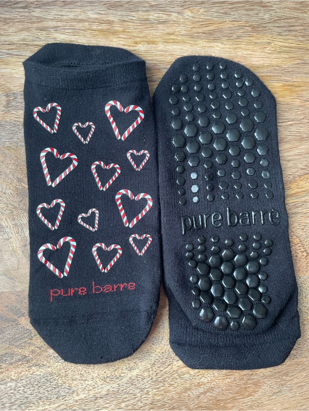 Pure Barre Candy Cane Hearts Low Rise Grip Socks with Silver Lettering NWOT